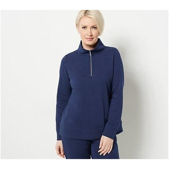 STUDIO PARK X LEAH WILLIAMS NEW $52 1/4 Zip French Terry Sweatshirt Navy Medium - Picture 1 of 2